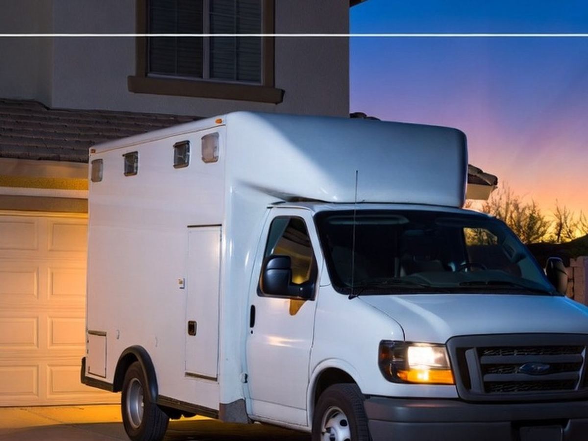 Olympus service van parked in a residential driveway at dusk